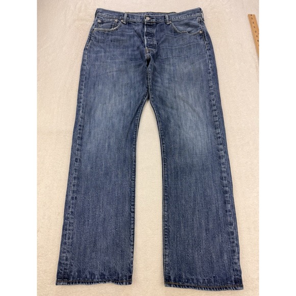Levis 501 Jeans Mens 38x32 Blue Distressed Denim Straight Leg Button Fly - Picture 1 of 11